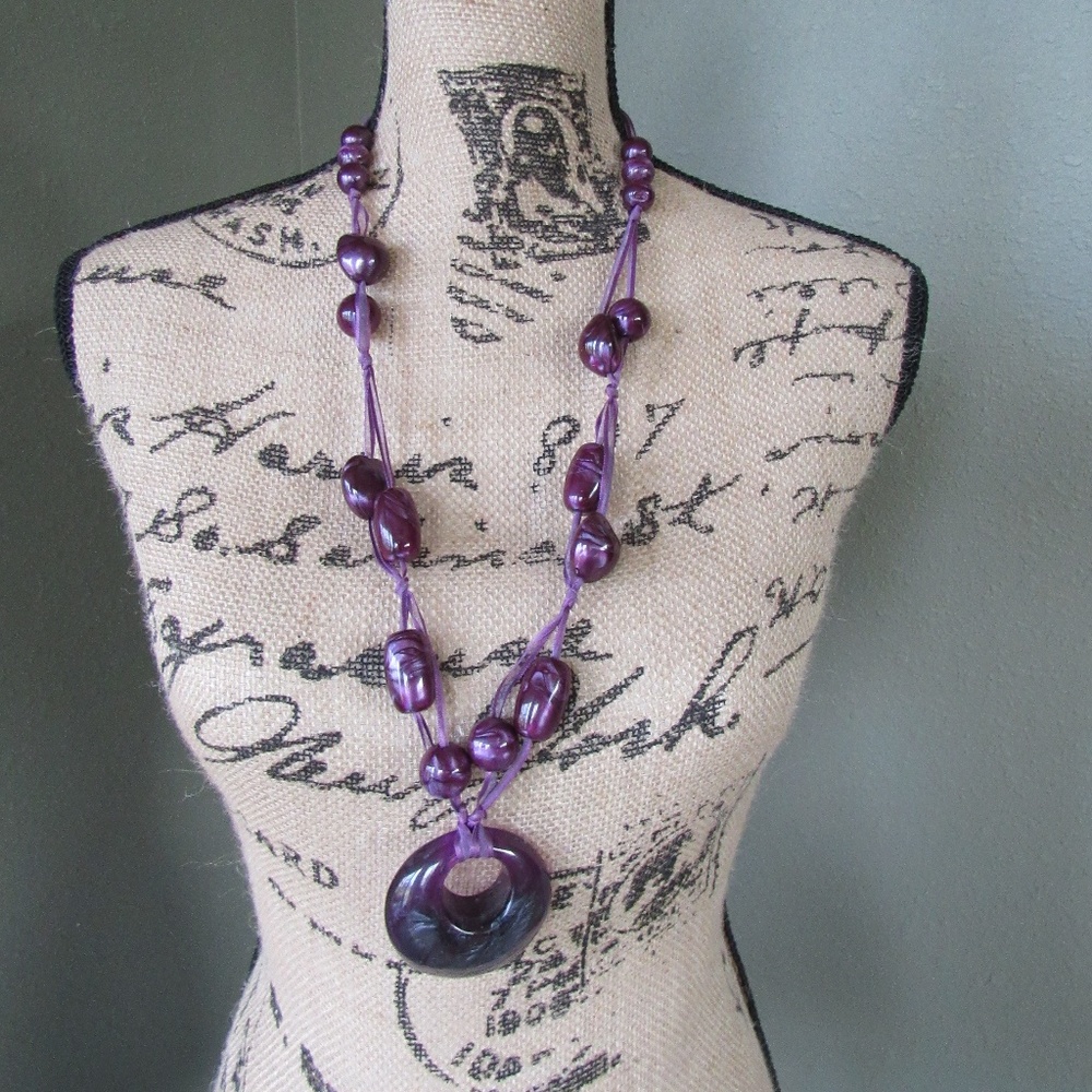 Purple Beaded Necklace Ribbon Tied